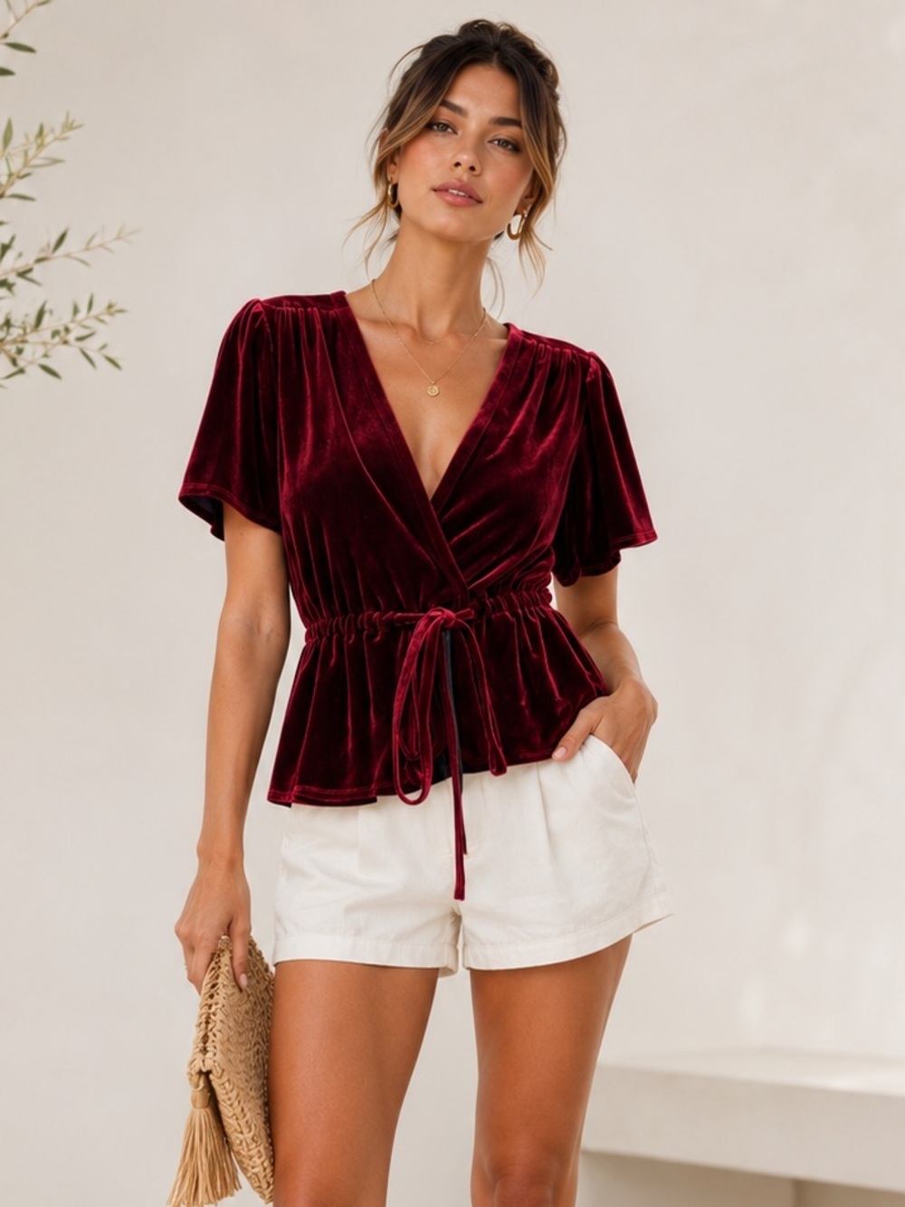Urban Outfitters Velvet Wrap Top Burgundy Size S Romantic Chic
